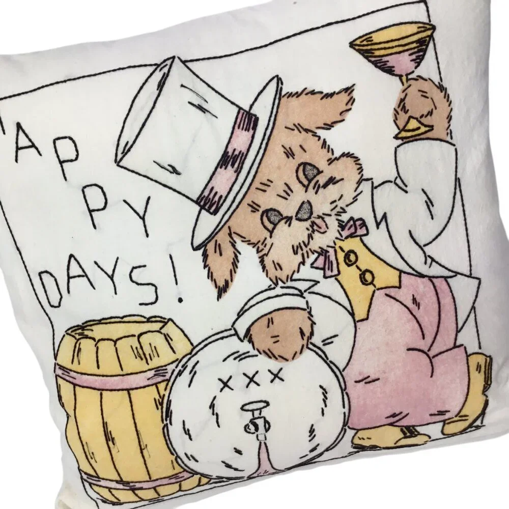Embroidered Pillow Happy Days Prohibition Whiskey Barrel Martini Dog Top Hat